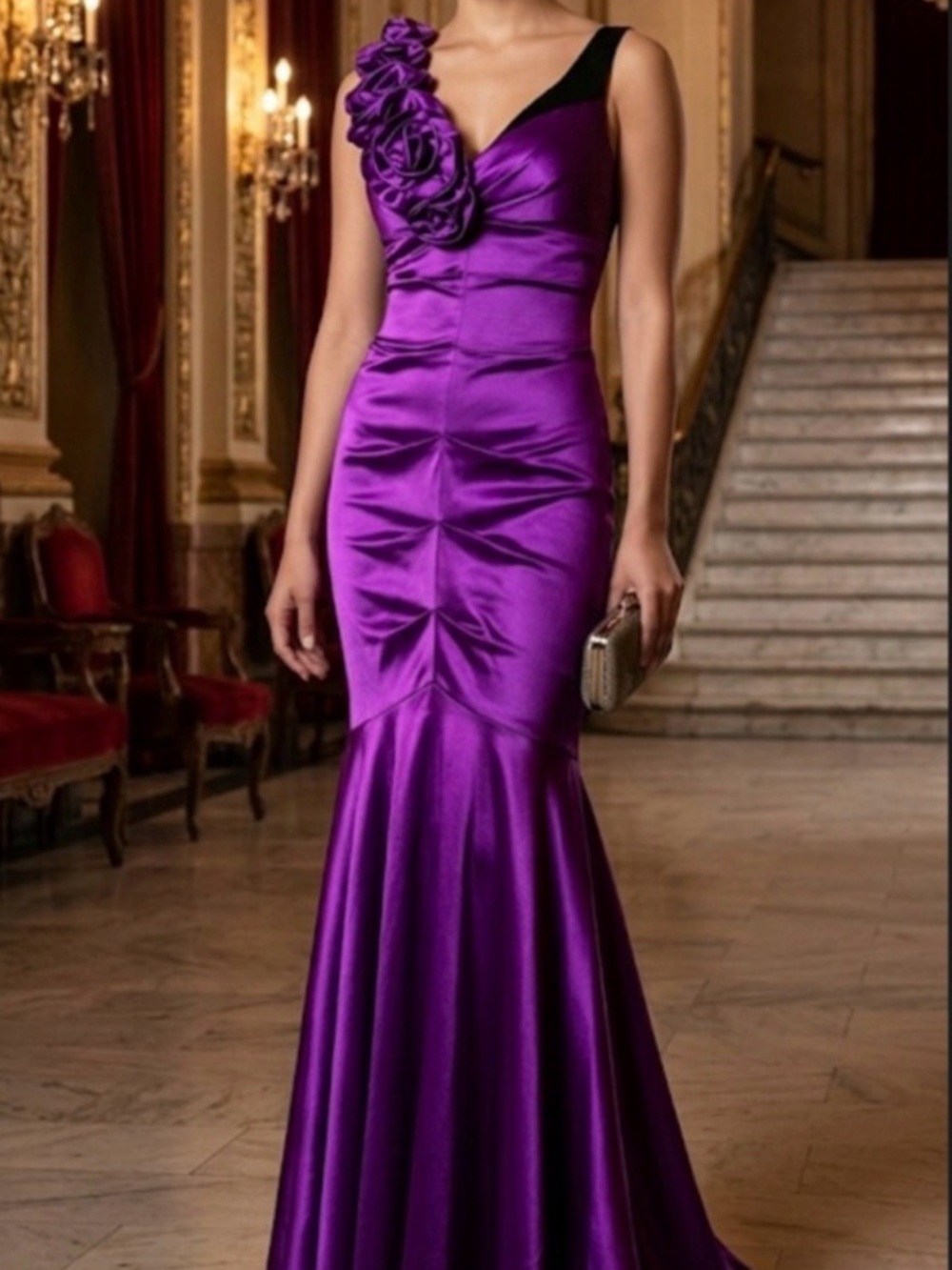 CACHE Vintage Purple
Satin Mermaid
Gown with Rosette Detail Size 0